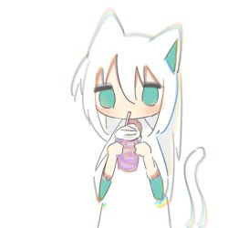 Rule 34 | 1girl, animal ears, cat ears, cat girl, cat tail, chibi, chromatic aberration, closed mouth, commentary, cup, disposable cup, dress, drinking, drinking straw, empty eyes, english commentary, green eyes, grimace shake (meme), hair between eyes, hands up, highres, holding, holding cup, jitome, long hair, long sleeves, looking at viewer, matcha ore p, meme, milkshake, original, oversized clothes, oversized shirt, shirt, sidelocks, simple background, solo, standing, tail, upper body, white background, white dress, white hair