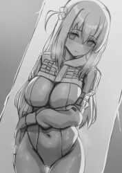 Rule 34 | 1girl, @ @, alice (nikke), alice (nikke) (cosplay), arm under breasts, blush, bocchi the rock!, bodysuit, breasts, cosplay, cropped jacket, goddess of victory: nikke, gotoh hitori, greyscale, hair ornament, highres, kangbus, large breasts, long hair, monochrome, sidelocks, solo