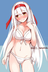 Rule 34 | 10s, 1girl, bikini, blush, breasts, brown eyes, cleavage, front-tie top, hairband, kantai collection, large breasts, long hair, looking at viewer, navel, shoukaku (kancolle), side-tie bikini bottom, simple background, solo, standing, swimsuit, takanashie, twitter username, very long hair, white hair