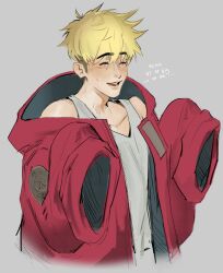 Rule 34 | 1boy, absurdres, blonde hair, blush, child, coat, grey background, happy, highres, isa (babeyxiao), open mouth, red coat, simple background, solo, teeth, trigun, trigun stampede, vash the stampede