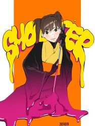 Rule 34 | 1girl, absurdres, black gloves, brown hair, dated, gloves, hachi augment 01, highres, japanese clothes, kamen rider, kimono, looking at viewer, orange background, q haruka999, shin kamen rider, slime (substance), solo, twintails, wide sleeves, yellow eyes