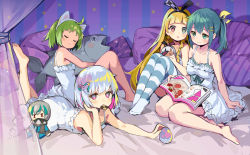 Rule 34 | 4girls, absurdres, ahoge, alyce (dohna dohna), animal ears, antenna (dohna dohna), barefoot, bed, blonde hair, blunt bangs, bob cut, braid, chinese commentary, dohna dohna issho ni warui koto o shiyou, dress, eating, fish, fish-shaped pillow, food in mouth, green eyes, green hair, hair ornament, hair tie, hairband, hairclip, hand on own cheek, hand on own face, heart, heart hair ornament, heterochromia, highres, holding, holding magazine, holding stuffed toy, kuma (dohna dohna), long hair, looking at viewer, lying, magazine (object), medico (dohna dohna), multiple girls, nightgown, on stomach, outstretched arm, pajamas, pantyhose, pillow, ponytail, porno (dohna dohna), reading, short hair, silver hair, sitting, striped clothes, striped legwear, striped pantyhose, stuffed toy, thighhighs, tiramisu (6822816123), white dress, yammy (dohna dohna), yokozuwari
