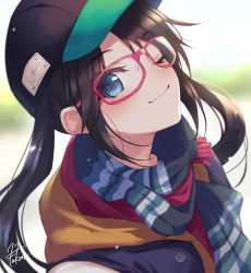 Rule 34 | 1girl, ;), baseball cap, black hat, blue eyes, blue scarf, blurry, blurry background, blush, closed mouth, commentary request, from side, fukai ryosuke, glasses, hat, hood, hood down, idolmaster, idolmaster shiny colors, looking at viewer, looking to the side, mitsumine yuika, one eye closed, pink-framed eyewear, scarf, signature, smile, solo, striped clothes, striped scarf, twintails, upper body