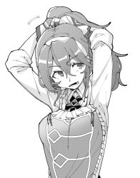 Rule 34 | 1girl, apron, ascot, ashigara (kancolle), ashigara kai ni (kancolle), breasts, brooch, comb, fang, greyscale, hair between eyes, hair ribbon, higaragi, highres, jewelry, kantai collection, long hair, long sleeves, medium breasts, monochrome, official alternate costume, open mouth, ponytail, ribbon, shirt, simple background, solo, upper body, white background, white shirt