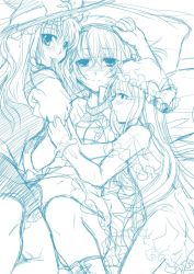Rule 34 | 3girls, ainili, alice margatroid, bad id, bad pixiv id, bed, blue theme, blush, from above, kirisame marisa, long hair, lying, monochrome, mouth hold, multiple girls, on back, patchouli knowledge, short hair, touhou, yuri