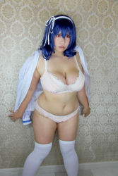 Rule 34 | blue hair, bra, breasts, chouzuki maryou, cosplay, hairband, large breasts, lingerie, photo (medium), plump, red eyes, seikon no qwaser, thick thighs, thighhighs, thighs, underwear, yamanobe tomo