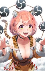 Rule 34 | 1girl, :d, absurdres, animal ears, animal print, bare shoulders, bell, black choker, bob cut, breasts, choker, claw pose, cleavage, earrings, facial mark, fangs, green eyes, hair between eyes, hair ornament, highres, jewelry, large breasts, neck bell, open mouth, orange hair, original, smile, solo, tail, tiger ears, tiger girl, tiger print, tiger tail, tonegawa ribu, v-shaped eyebrows, x hair ornament