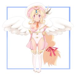 Rule 34 | 1girl, absurdres, angel, angel wings, blonde hair, boots, breasts, cleavage, cupid (mon-musu quest!), hair ornament, hat, heart, heart-shaped pupils, highres, knee boots, long hair, mon-musu quest!, philip (n1k2-j), pink eyes, ribbon, smile, solo, symbol-shaped pupils, thighhighs, very long hair, white thighhighs, wings, zettai ryouiki