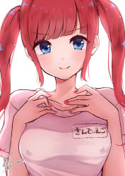Rule 34 | 1girl, alternate costume, azur lane, blue eyes, blush, breasts, commentary request, covered erect nipples, gym uniform, kodama (koda mat), large breasts, long hair, looking at viewer, nail polish, red hair, san diego (azur lane), smile, solo, twintails, upper body