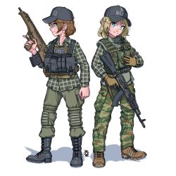 Rule 34 | 2girls, absurdres, ak-103, ak-74m, ammunition pouch, assault rifle, automatic rifle, baseball cap, battle rifle, black footwear, black headwear, blonde hair, blue eyes, boots, brown footwear, brown gloves, brown hair, bullpup, camouflage, camouflage pants, carbine, closed mouth, commission, desert tech mdr, escape from tarkov, full body, gloves, green pants, green shirt, gun, hat, highres, holding, holding gun, holding weapon, kalashnikov rifle, long sleeves, looking at viewer, magazine (weapon), military, military uniform, multiple girls, original, ostwindprojekt, pants, polo shirt, pouch, rifle, shadow, shirt, simple background, smile, standing, tactical clothes, trigger discipline, uniform, vest, weapon, white background