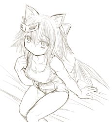 Rule 34 | 1girl, animal ears, bat wings, breasts, cat ears, character request, cleavage, greyscale, hair ornament, hair ribbon, kasuga yukihito, long hair, looking at viewer, low wings, medium breasts, monochrome, one-piece swimsuit, ribbon, sitting, sketch, solo, swimsuit, wings
