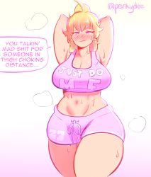 Rule 34 | 1girl, ahoge, armpits, belly, blonde hair, blush, breasts, cleavage, clothes writing, curvy, deee, english text, eyebrows, female focus, fuck-me shirt, highres, large breasts, long hair, looking at viewer, meme attire, midriff, navel, ponytail, purple eyes, rwby, shorts, simple background, smile, solo, speech bubble, standing, stomach, sweat, text focus, thick thighs, thighs, very long hair, watermark, white background, wide hips, yang xiao long