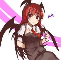 Rule 34 | 1860 (ichi), 1girl, adapted costume, arm behind back, bat (animal), bat wings, black skirt, black vest, blush, breasts, bright pupils, detached collar, hand up, head wings, koakuma, light smile, long hair, looking to the side, medium breasts, necktie, parted lips, puffy short sleeves, puffy sleeves, red eyes, red hair, red necktie, red pupils, short sleeves, simple background, skirt, solo, touhou, upper body, very long hair, vest, white background, wing collar, wings