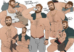 Rule 34 | 1boy, abs, absurdres, affectionate, arm hair, bara, beard, belly, brown hair, coral island, deny hanamura, dog, drinking, expressions, facial hair, flaccid, full beard, hairy, highres, large pectorals, leg hair, looking at viewer, love handles, lying, male focus, mark (coral island), mature male, muscular, muscular male, navel hair, on stomach, pectoral cleavage, pectorals, penis, short hair, sleeping, smile, solo, sparse arm hair, sparse chest hair, sparse leg hair, standing, tank top, thick beard, uncensored, undressing, white tank top