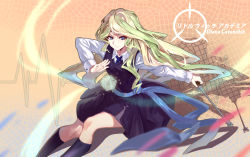 Rule 34 | 1girl, black skirt, blonde hair, blue eyes, blue necktie, character name, copyright name, diana cavendish, floating hair, green hair, highres, holding, little witch academia, long hair, multicolored hair, necktie, shirt, skirt, solo, sora (zwz030), two-tone hair, very long hair, white shirt