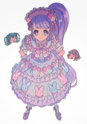 Rule 34 | 3girls, animal print, blunt bangs, bow, chibi, chibi inset, closed eyes, closed mouth, commentary, dress, frilled dress, frilled hairband, frills, from above, full body, hair ornament, hairband, hands on own hips, highres, idol clothes, lolita fashion, lolita hairband, long hair, looking at viewer, manaka non, multicolored clothes, multicolored dress, multiple girls, pink bow, pink footwear, pink hairband, pink ribbon, pretty series, pripara, puffy short sleeves, puffy sleeves, purple eyes, purple hair, rabbit hair ornament, rabbit print, ribbon, rituyama1, short sleeves, side ponytail, simple background, smile, solo focus, standing, sweet lolita, symbol-only commentary, taiyo pepper, too many, too many frills, tsukikawa chili, v-shaped eyebrows, very long hair, white background