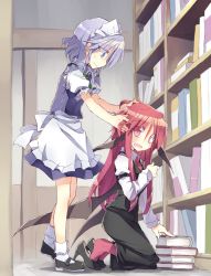 Rule 34 | 2girls, bat wings, blue eyes, blush, book, book stack, bookshelf, braid, commentary, embarrassed, female focus, hands in hair, head wings, high heels, izayoi sakuya, kneeling, koakuma, long hair, looking at another, looking back, maid, maid headdress, mary janes, multiple girls, open mouth, pantyhose, headpat, playing with another&#039;s hair, red eyes, red hair, red legwear, revision, satou kibi, shoe dangle, shoes, short hair, shy, silver hair, smile, standing, touhou, twin braids, wavy mouth, wings, yuri