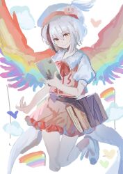 Rule 34 | 1girl, belt, bird tail, book, bow, bowtie, brown belt, brown hair, closed mouth, cloud, collared shirt, feathered wings, footwear bow, frilled skirt, frills, hat, heart, highres, holding, holding book, hollow song of birds, huangdouliuhan, legs up, looking at viewer, miniskirt, multicolored hair, original, pink skirt, pink vest, puffy short sleeves, puffy sleeves, rainbow, rainbow wings, red bow, red bowtie, red socks, shirt, shoes, short hair, short sleeves, skirt, skirt set, smile, socks, streaked hair, tail, torisumi horou, touhou, vest, white background, white footwear, white hair, white headwear, white shirt, wing hat ornament, wings, yellow eyes