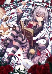 Rule 34 | 1girl, :d, blurry, book, cookie, copyright name, cup, depth of field, flower, food, frilled thighhighs, frills, garter straps, grin, hairband, hapymaher, high heels, highres, holding, lolita fashion, lolita hairband, looking at viewer, naitou maia, open mouth, platform footwear, rose, scone, shoes, silver hair, smile, solo, strappy heels, striped clothes, striped thighhighs, tail, teacup, thighhighs, ugume
