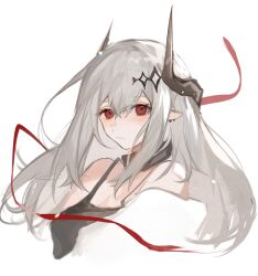 Rule 34 | 1girl, arknights, bare shoulders, black horns, black sports bra, commentary request, demon horns, etiv, hair between eyes, hair ornament, highres, horns, infection monitor (arknights), long hair, looking at viewer, mudrock (arknights), pointy ears, red eyes, red ribbon, ribbon, simple background, solo, sports bra, upper body, white background, white hair