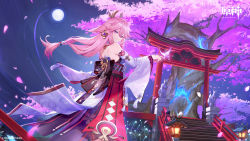 Rule 34 | 1girl, animal ears, back, bare shoulders, black bow, bow, cherry blossoms, criin (659503), detached sleeves, earrings, floating hair, fox ears, from behind, full moon, genshin impact, hair ornament, highres, japanese clothes, jewelry, kimono, long hair, long sleeves, looking at viewer, looking back, moon, night, obi, official art, outdoors, pink hair, purple eyes, sash, solo, standing, torii, tree, very long hair, wide sleeves, wind, yae miko