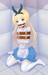 Rule 34 | 1girl, alice (alice in wonderland), alice in wonderland, apron, ball gag, blonde hair, blue eyes, commentary request, dress, empty eyes, frilled dress, frills, gag, gagged, hairband, highres, long hair, padded walls, raftetram, restrained, sitting, solo, straitjacket, tearing up, thighhighs, wariza