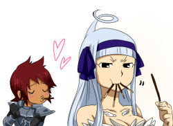 Rule 34 | 1boy, 1girl, angel (fairy tail), armor, blush, breasts, brown hair, cleavage, couple, dan straight, eating, fairy tail, feathers, hairband, heart, knight, large breasts, pocky, sunano sasori, tattoo