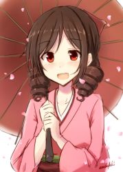 Rule 34 | 10s, 1girl, :d, blush, bow, brown hair, drill hair, hair bow, harukaze (kancolle), holding, holding umbrella, japanese clothes, kantai collection, kimono, long sleeves, mashayuki, meiji schoolgirl uniform, oil-paper umbrella, open mouth, petals, pink kimono, red bow, red eyes, short hair, simple background, smile, solo, teeth, twin drills, twitter username, umbrella, white background, wide sleeves
