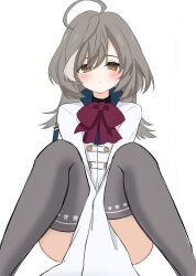 Rule 34 | 1girl, ahoge, animal print, assault lily, between legs, blush, buttons, closed mouth, commentary request, feet out of frame, grey hair, grey thighhighs, hair between eyes, hand between legs, herensuge girls academy school uniform, highres, jacket, knees up, long hair, long sleeves, multicolored hair, print thighhighs, rabbit print, sasaki ran, school uniform, simple background, sitting, sleeves past fingers, sleeves past wrists, solo, streaked hair, thighhighs, ueda (ueeeeeeeee1006), white background, white jacket, yellow eyes