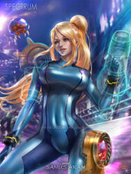 Rule 34 | 1girl, absurdres, alien, arm cannon, bad source, blue bodysuit, blue eyes, bodysuit, breasts, covered navel, deviantart sample, highres, holographic clothing, image sample, large breasts, linea alba, lips, long hair, metroid, metroid (creature), nintendo, nose, patreon username, ponytail, samus aran, shiny clothes, solo focus, teeth, upper teeth only, very long hair, watermark, weapon, web address, yam spectrum, zero suit
