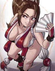 Rule 34 | 1girl, bare shoulders, breasts, brown hair, cleavage, fatal fury, from above, hand fan, highres, large breasts, long hair, looking at viewer, moxydraws, ninja, pelvic curtain, ponytail, shiranui mai, sideboob, sleeveless, the king of fighters, white background