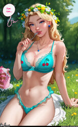 Rule 34 | 1girl, absurdres, aroma sensei, bare shoulders, biting, blonde hair, blue bra, blue eyes, blush, bra, breasts, buttons, cake, cleavage, collarbone, daisy, earrings, eating, english text, eyeshadow, flower, food, food on body, food on breasts, fork, freckles, frilled panties, frills, haley (stardew valley), head wreath, heart, highres, jewelry, large breasts, lips, long hair, makeup, navel, necklace, open clothes, open shirt, outdoors, panties, sideboob, skirt, smile, solo, sparkle, stardew valley, underwear, undressing, wavy hair