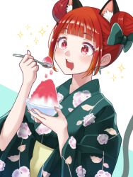 Rule 34 | 1girl, alternate hairstyle, animal ear fluff, animal ears, blunt bangs, blush, bogyaku no m, bow, breasts, bright pupils, cat ears, cat tail, commentary request, double bun, drooling, dutch angle, extra ears, eyelashes, floral print, green bow, green kimono, hair bow, hair bun, hands up, japanese clothes, kaenbyou rin, kimono, looking at food, medium breasts, mouth drool, nail polish, open mouth, pink nails, red eyes, red hair, sidelocks, simple background, solo, sparkle, tail, teeth, touhou, upper body, upper teeth only, white background