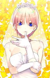 Rule 34 | 1girl, absurdres, blue eyes, breasts, bridal veil, cleavage, collarbone, diadem, dress, gloves, go-toubun no hanayome, hair between eyes, haruba negi, highres, jewelry, looking at viewer, medium breasts, nakano ichika, necklace, parted lips, petals, pink hair, short hair, sleeveless, sleeveless dress, solo, striped clothes, striped dress, upper body, veil, wedding dress, white dress, white gloves, yellow background
