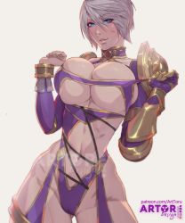 Rule 34 | 1girl, arttoru, blue eyes, breasts, cleavage, cleft of venus, female focus, highres, isabella valentine, large breasts, namco, navel, revealing clothes, short hair, simple background, solo, soul calibur, soulcalibur, soulcalibur iv, tagme, thighhighs, thighs, underboob, white hair