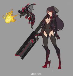 Rule 34 | 1girl, bandaid, bandaid on face, black hair, breath weapon, breathing fire, claws, cold weather, dragon, fire, flamethrower, flying, grey background, gun, headphones, headphones around neck, high heels, highres, holding, holding gun, holding weapon, horns, liquid, long hair, makeup, mascara, mecha, multicolored hair, non-humanoid robot, original, ponytail, red eyes, red lips, robot, robot dragon, scar, scratches, see-through, simple background, slit pupils, smile, spikes, standing, streaked hair, tail, thighhighs, vambraces, weapon, wings