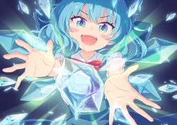 Rule 34 | 1girl, :d, absurdres, blue bow, blue dress, blue eyes, blue hair, blush stickers, bow, cirno, commentary request, dress, foreshortening, grey background, haruki reimari, highres, ice, ice crystal, ice wings, light rays, looking at viewer, open mouth, red neckwear, short hair, simple background, smile, solo, touhou, upper body, wings