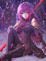 Rule 34 | 1girl, absurdres, blurry, bodysuit, breasts, capelet, circlet, depth of field, fate/grand order, fate (series), female focus, gae bolg (fate), hair between eyes, highres, holding, holding spear, holding weapon, jewelry, knee up, large breasts, long hair, looking at viewer, neck, open mouth, polearm, purple bodysuit, purple capelet, purple eyes, purple hair, scathach (fate), scathach (fate), sitting, solo, spear, type-moon, v-neck, veil, waist cape, weapon, yagyun