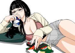 Rule 34 | 1girl, black eyes, black hair, blunt bangs, blush, bra, breasts, can, chips (food), cleavage, collarbone, controller, drink can, energy drink, eyelashes, eyeliner, fingernails, food, glasses, grey shorts, highres, holding, holding can, holding remote control, large breasts, long fingernails, long hair, long sleeves, looking at viewer, lying, makeup, nail polish, on side, open clothes, open shirt, original, pillow, pink nails, potato chips, remote control, rimless eyewear, round eyewear, sakamoto giulietta, shirt, shorts, simple background, soda can, solo, thighs, underwear, white background