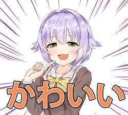 Rule 34 | 1girl, :3, bad id, bad twitter id, blush, collarbone, emphasis lines, highres, idolmaster, idolmaster cinderella girls, index finger raised, koshimizu sachiko, looking at viewer, open mouth, purple hair, short hair, simple background, sketch, smile, solo, speed lines, teraguchi, translated, upper body, white background