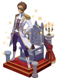 Rule 34 | 1boy, alpha transparency, brown hair, candle, ascot, dark skin, dark-skinned male, eyepatch, faux figurine, full body, gloves, harada takehito, makai wars, male focus, odin (makai wars), official art, pants, purple pants, short hair, solo, stairs, standing, throne, transparent background, white gloves