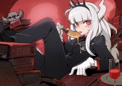 Rule 34 | 1girl, alcohol, breasts, business suit, crown, cup, demon girl, demon horns, drinking glass, english text, food, fork, formal, gloves, helltaker, highres, horns, long hair, low-tied long hair, lucifer (helltaker), mole, mole under eye, neckwear request, pancake, patipat asavasena, red eyes, red shirt, shirt, skeleton (helltaker), solo, suit, tongue, tongue out, white hair, white horns, wine, wine glass