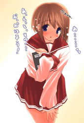 Rule 34 | 00s, 1girl, blue eyes, book, brown hair, covering privates, covering crotch, holding, holding book, komaki manaka, leaning forward, looking at viewer, school uniform, serafuku, short hair, solo, to heart (series), to heart 2