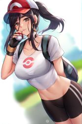 Rule 34 | 1girl, arm behind back, backpack, bag, baseball cap, bike shorts, black choker, black gloves, black hair, black shorts, blurry, blurry background, blush, breasts, brown eyes, choker, collarbone, commentary request, cowboy shot, creatures (company), earrings, fingerless gloves, game freak, gloves, hair between eyes, hand up, hat, highres, holding, holding poke ball, hua-j, jewelry, large breasts, long hair, looking at viewer, midriff, mole, mole under mouth, nintendo, original, poke ball, poke ball symbol, pokemon, ponytail, shirt, short sleeves, shorts, smile, solo, standing, stomach, thick eyebrows, white shirt