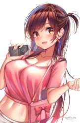 Rule 34 | 1girl, :d, bag, breasts, brown hair, cleavage, collarbone, crop top, earrings, hand up, highres, holding, jewelry, kanojo okarishimasu, kaptivate, large breasts, long hair, looking at viewer, midriff, mizuhara chizuru, navel, open mouth, pink shirt, red eyes, ring, shirt, shoulder bag, sidelocks, simple background, smile, solo, stomach, upper body, white background