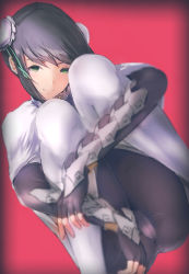 Rule 34 | 1girl, arm guards, black gloves, black hair, bodysuit, bun cover, cameltoe, cape, chinese clothes, closed mouth, commentary request, double bun, fate/grand order, fate (series), fingerless gloves, gloves, green eyes, hair bun, highres, hugging own legs, invisible chair, knees up, qin liangyu (fate), red background, sidelocks, simple background, sitting, smile, solo, taut clothes, thighs, white bodysuit, white cape, yatai (ya2taic)