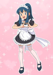 Rule 34 | 1girl, :d, absurdres, apron, black dress, black footwear, blue eyes, commentary request, creatures (company), dawn (pokemon), dress, eyelashes, frills, full body, game freak, hands up, heart, heart hands, highres, knees, looking at viewer, maid, maid headdress, miraa (chikurin), neck garter, nintendo, open mouth, outline, pink background, pokemon, pokemon (anime), pokemon dp062, pokemon dppt (anime), ponytail, shoes, short sleeves, sidelocks, smile, solo, sparkle, thighhighs, tongue, white apron