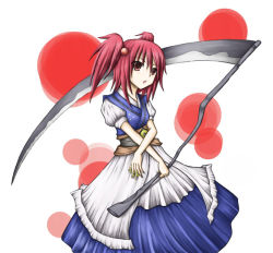 Rule 34 | 1girl, blush, crossed arms, female focus, japanese clothes, kimono, looking at viewer, obi, onozuka komachi, puffy short sleeves, puffy sleeves, red eyes, red hair, sash, scythe, short hair, short sleeves, simple background, solo, touhou, twintails, two side up, white background, yuuhodou