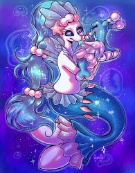 Rule 34 | :d, ^ ^, blue background, brionne, closed eyes, commentary, creature, creatures (company), english commentary, closed eyes, facing another, flufflixx, full body, game freak, gen 7 pokemon, green hair, highres, holding, holding pokemon, long hair, looking at another, nintendo, no humans, open mouth, pokemon, pokemon (creature), primarina, signature, simple background, size difference, smile, sparkle, star (symbol), very long hair