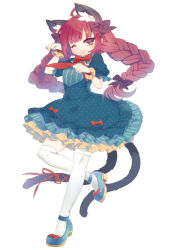Rule 34 | 1girl, ahoge, animal ears, blush, bow, braid, cat ears, cat tail, chamo (milky way), dress, extra ears, hair bow, i scream, kaenbyou rin, long hair, looking at viewer, multiple tails, one eye closed, paw pose, pointy ears, red eyes, red hair, ribbon, short sleeves, simple background, smile, solo, tail, tail ornament, tail ribbon, thighhighs, touhou, twin braids, underbust, very long hair, white background, white thighhighs, wrist cuffs, zettai ryouiki